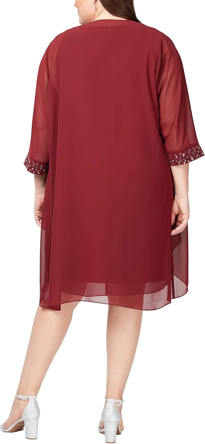 S.L. Fashions Women's Plus Size Chiffon Tier Jacket Dress with Beading Detail