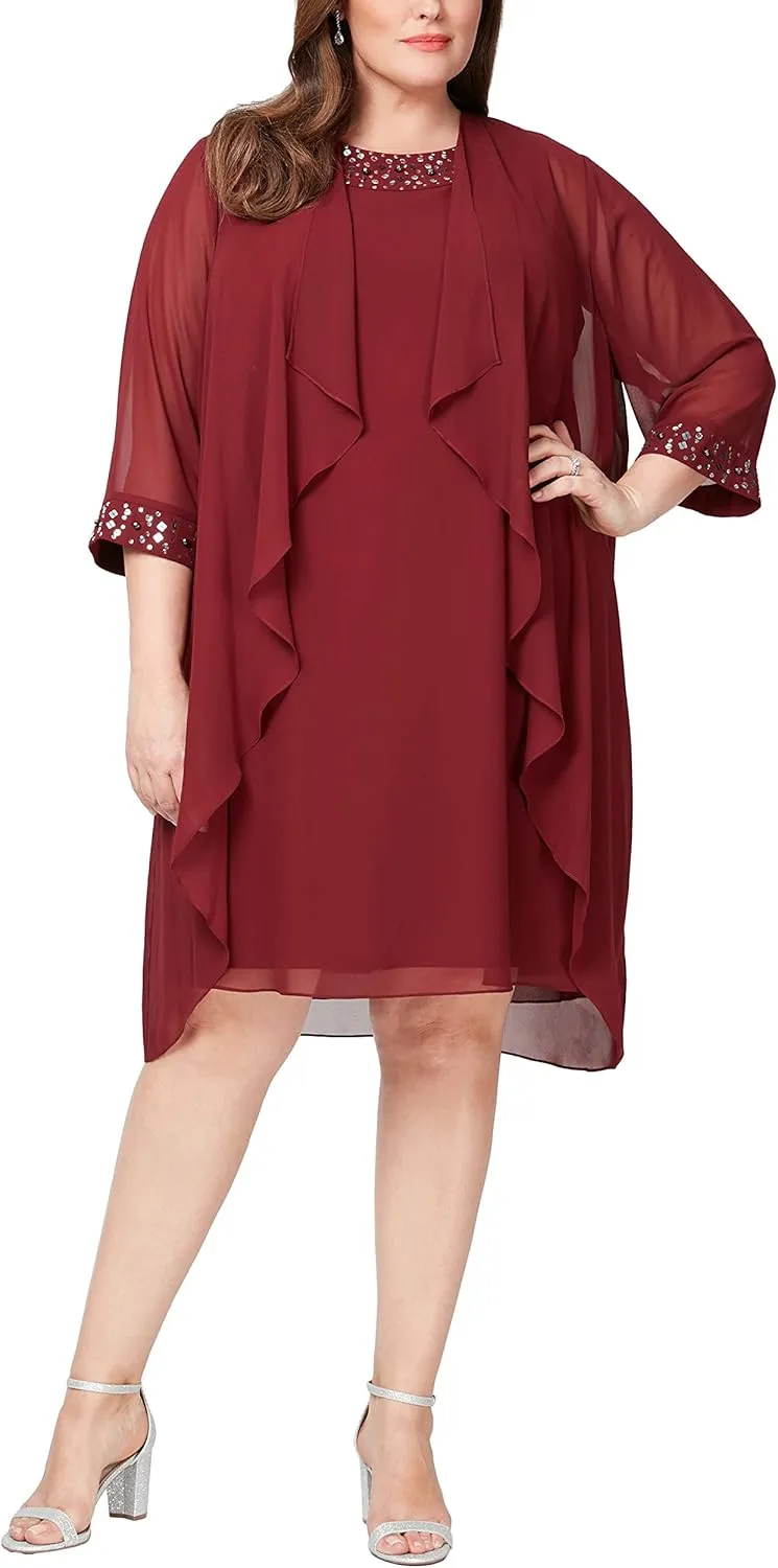 S.L. Fashions Women's Plus Size Chiffon Tier Jacket Dress with Beading Detail