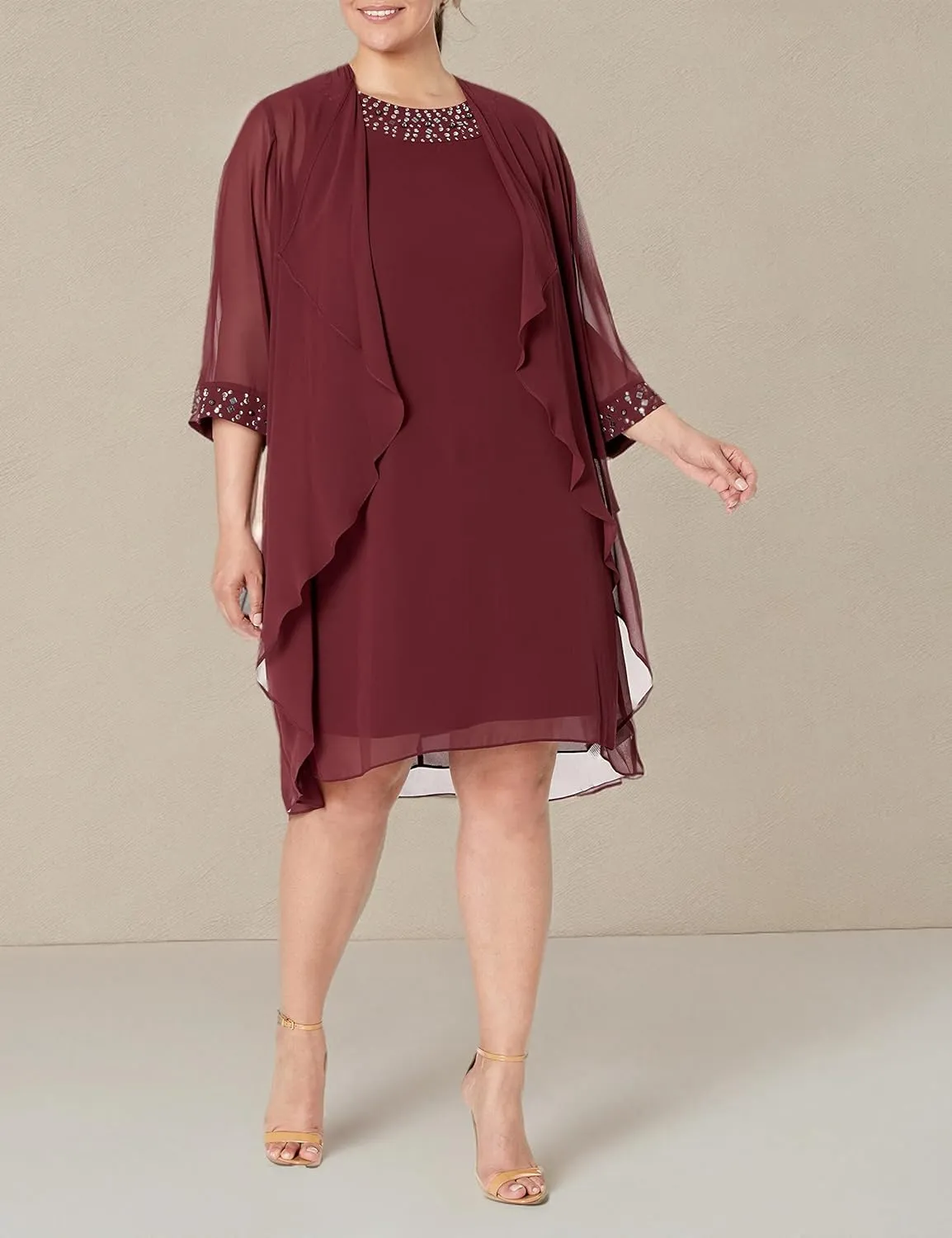 S.L. Fashions Women's Plus Size Chiffon Tier Jacket Dress with Beading Detail