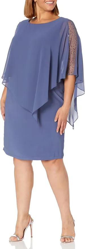 S.L. Fashions Women's Plus Size Short Sheath Caplet Gown with Asymmetric Overlay, Mother of The Bride Dress