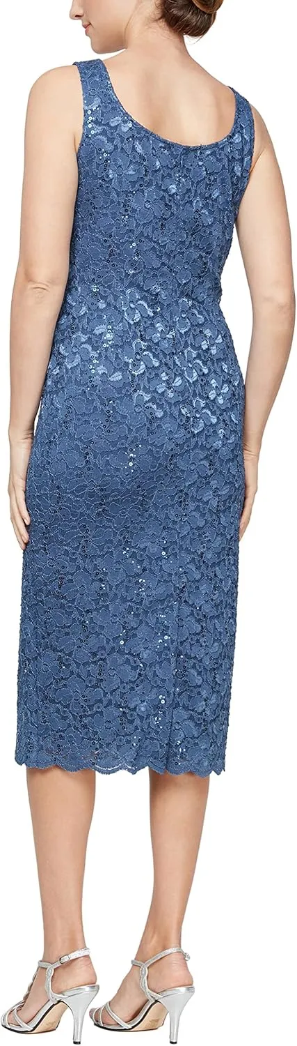 S.L. Fashions Women's Tea Length Sequin Lace Special Occasion Dress with Illusion Sleeve Jacket (Petite and Regular Sizes)