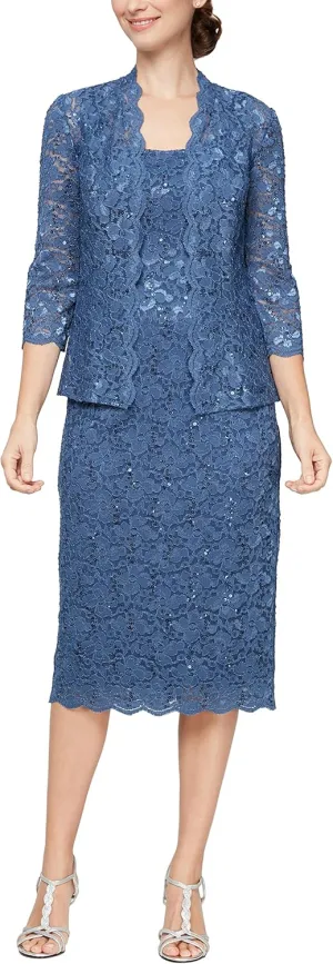 S.L. Fashions Women's Tea Length Sequin Lace Special Occasion Dress with Illusion Sleeve Jacket (Petite and Regular Sizes)