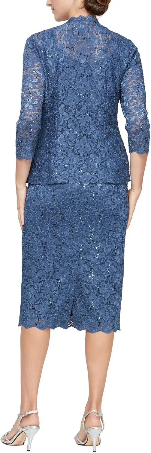 S.L. Fashions Women's Tea Length Sequin Lace Special Occasion Dress with Illusion Sleeve Jacket (Petite and Regular Sizes)