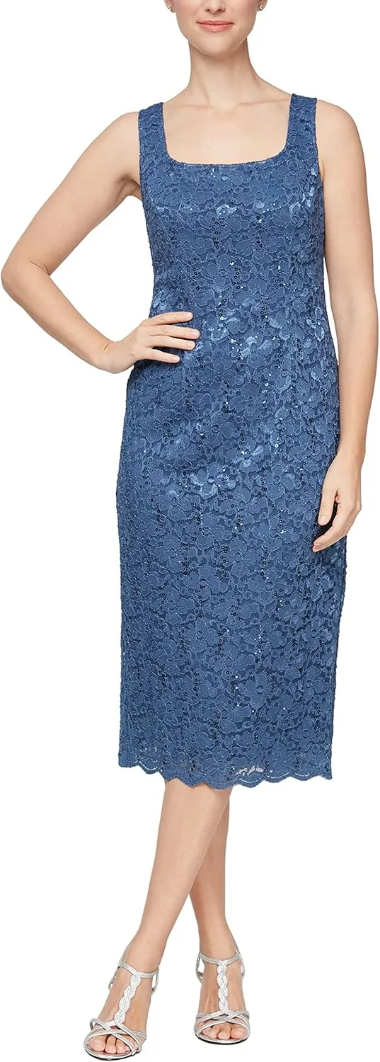 S.L. Fashions Women's Tea Length Sequin Lace Special Occasion Dress with Illusion Sleeve Jacket (Petite and Regular Sizes)