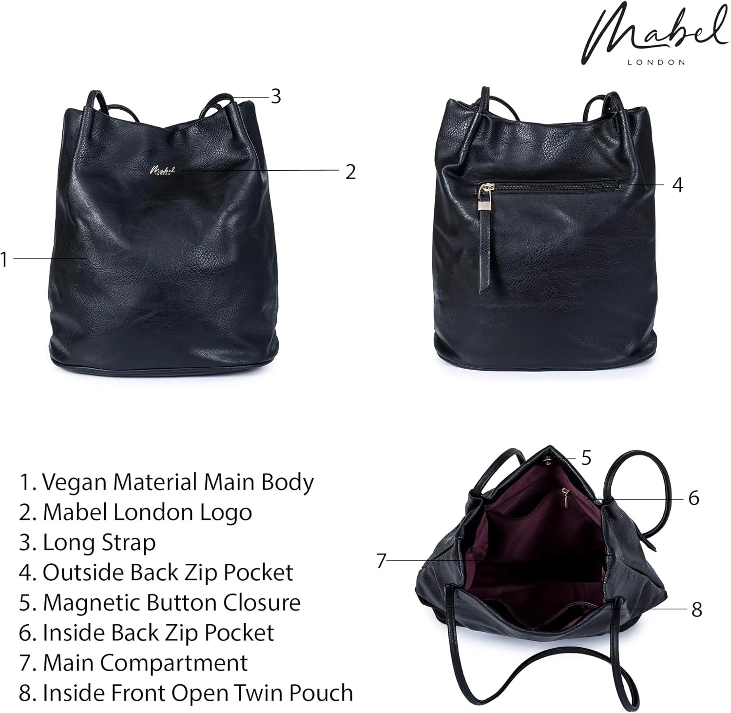 Soft Vegan Leather Hobo Bucket Shoulder Bag for Women  Medium Purse with Magnetic Opening  Delilah