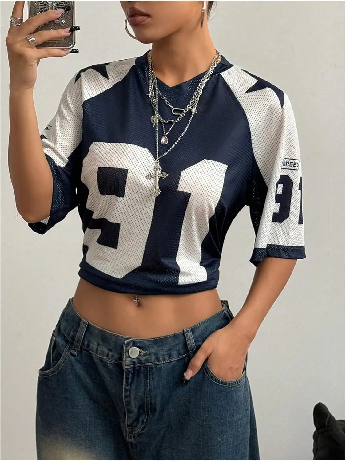 SOLY HUX Women's Jersey Shirts Number Graphic V Neck Half Sleeve T-Shirt Summer Football Tops Streetwear