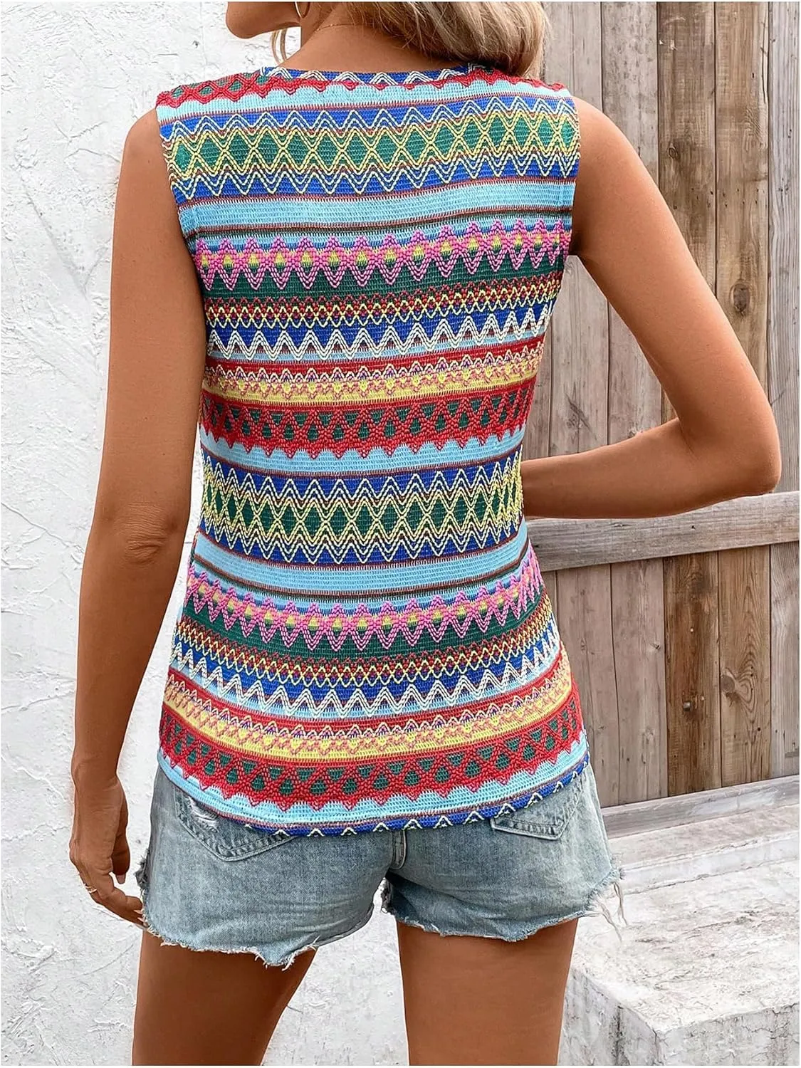 SOLY HUX Women's Summer Boho Tank Tops Geo Print Sleeveless Crewneck Casual Vacation Vest Top Shirts