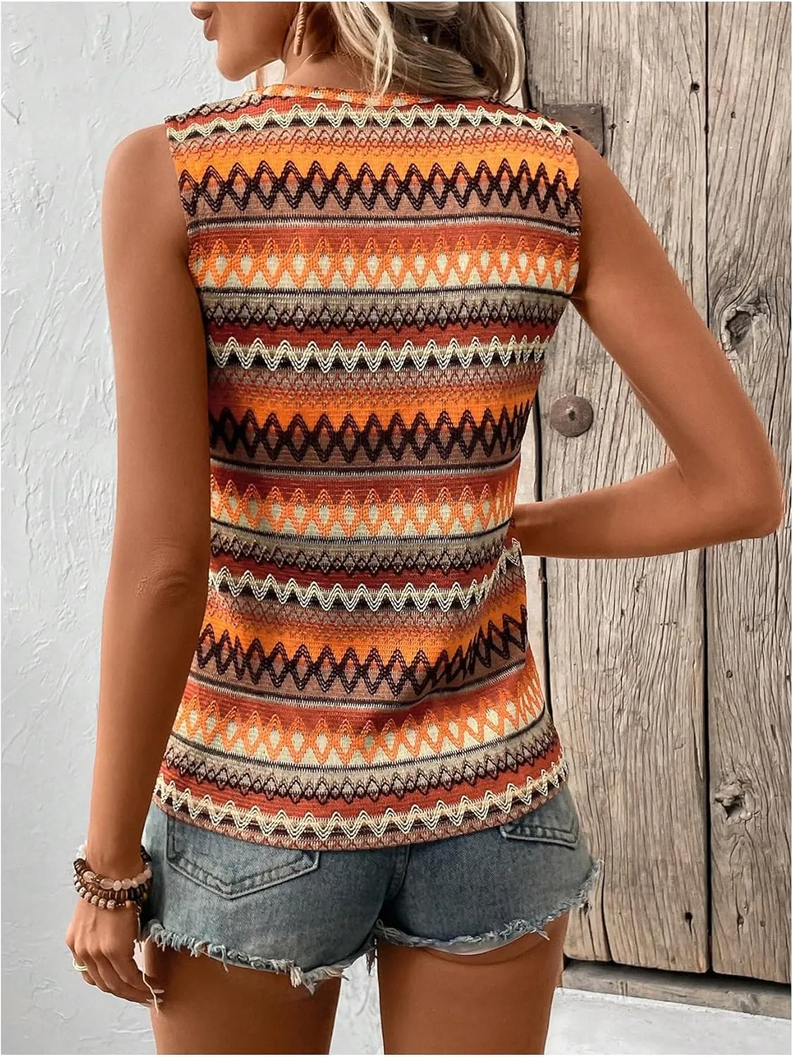 SOLY HUX Women's Summer Boho Tank Tops Geo Print Sleeveless Crewneck Casual Vacation Vest Top Shirts