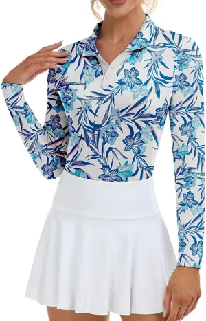 Soneven Women's Golf Polo Shirts - Moisture Wicking Long Sleeve Collared V-Neck