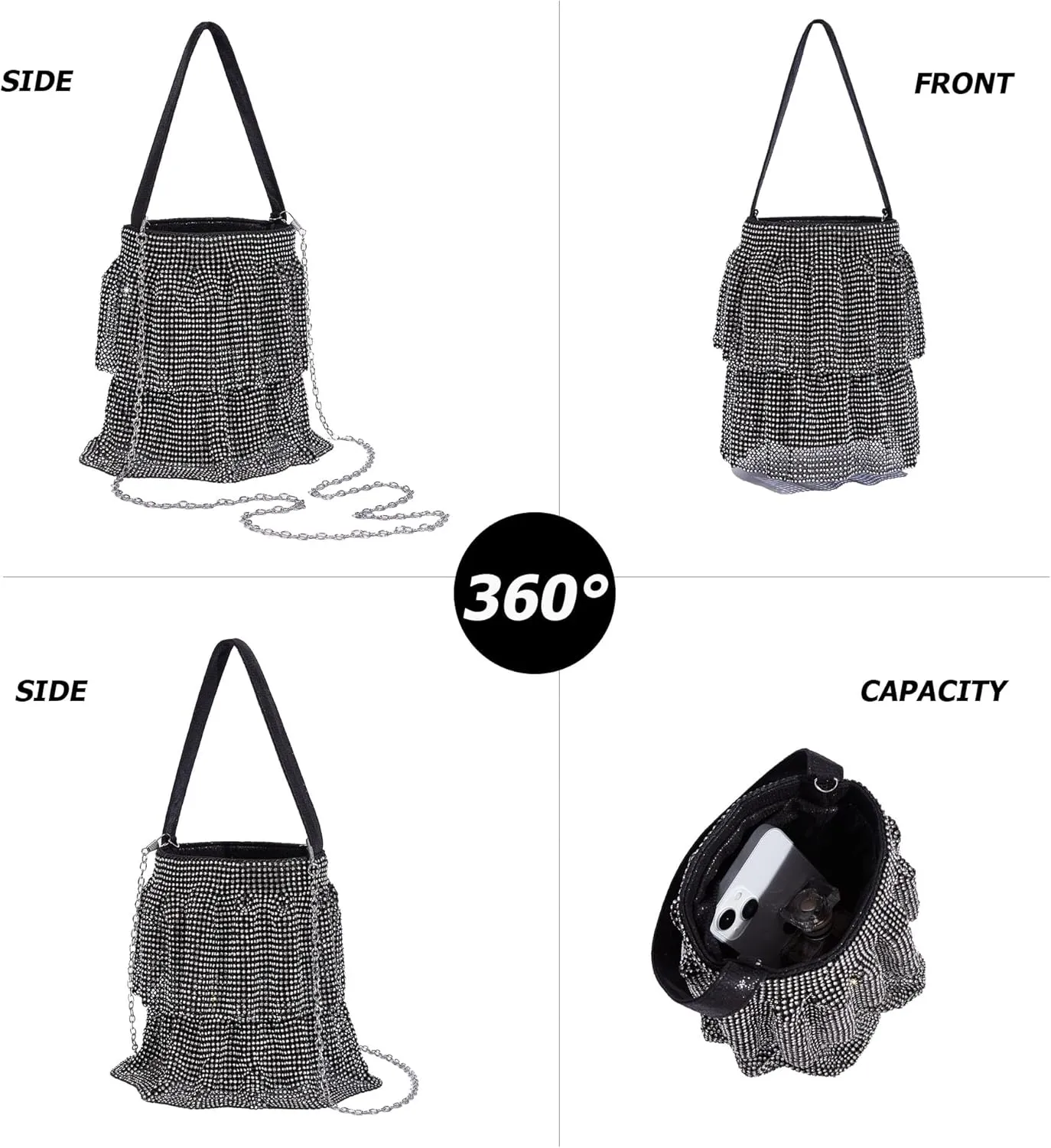 Sparkling Rhinestone Chain Handbag Women Elegant Evening Clutch Bag Bling Crystal Crossbody Purse for Wedding Party