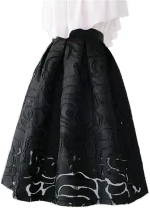 Spring Autumn High Waisted Long Midi Pleated Skirt Coffee Color Hollow-Out Floral
