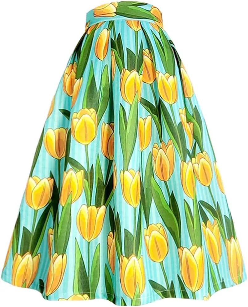 Spring Korean Pink Floral High Waist Pleated Long Midi Skirt for Party Festival