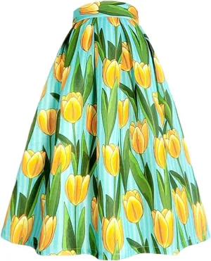 Spring Korean Pink Floral High Waist Pleated Long Midi Skirt for Party Festival