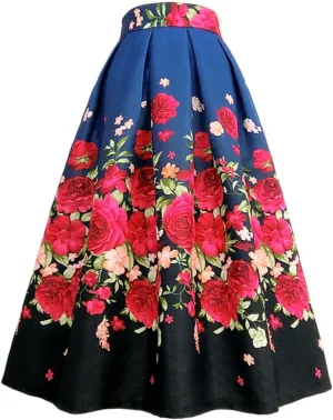 Spring Korean Vintage Rose Floral High Waist Pleated Midi Skirt