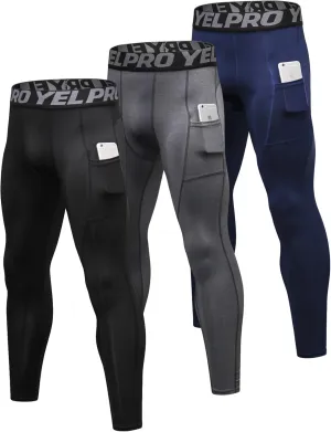 SPVISE 3 Pack Men's Compression Pants Leggings Running Tights with Pockets Cool Dry Workout Base Layer Athletic Gym Pants