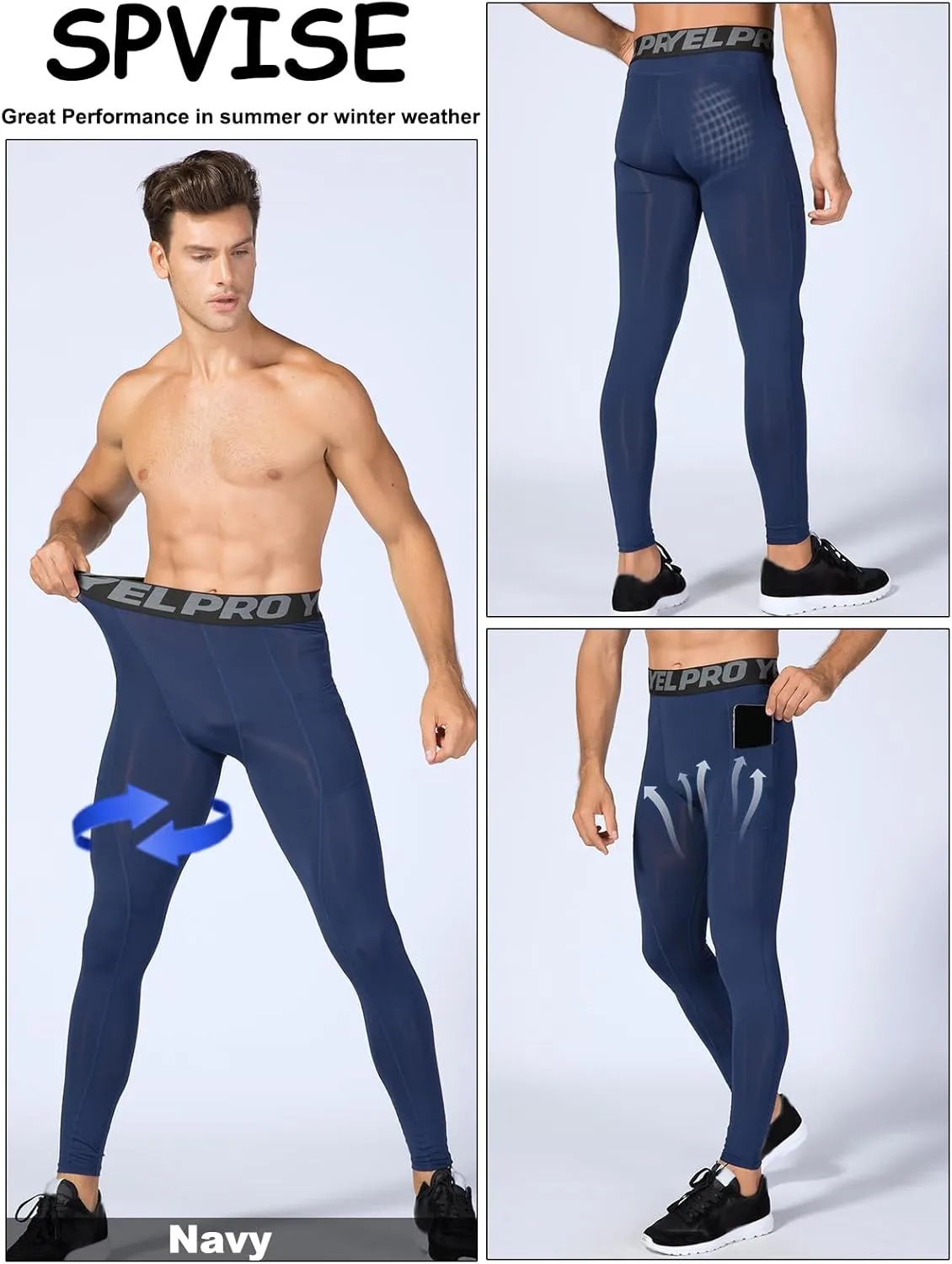 SPVISE 3 Pack Men's Compression Pants Leggings Running Tights with Pockets Cool Dry Workout Base Layer Athletic Gym Pants