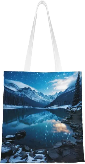 starry winter night Canvas Tote Bag for Women Grocery Bag Reusable Aesthetic Shopping Bags Beach Handbag
