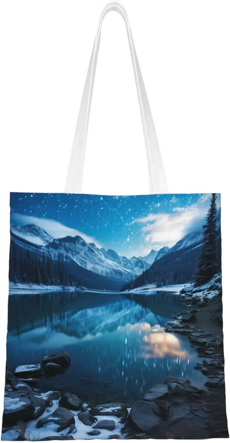 starry winter night Canvas Tote Bag for Women Grocery Bag Reusable Aesthetic Shopping Bags Beach Handbag