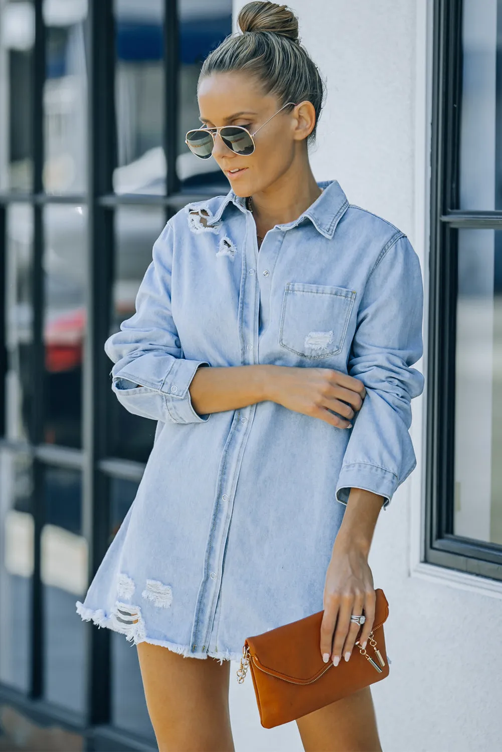 Stick With Me Distressed Snap Down Denim Shacket