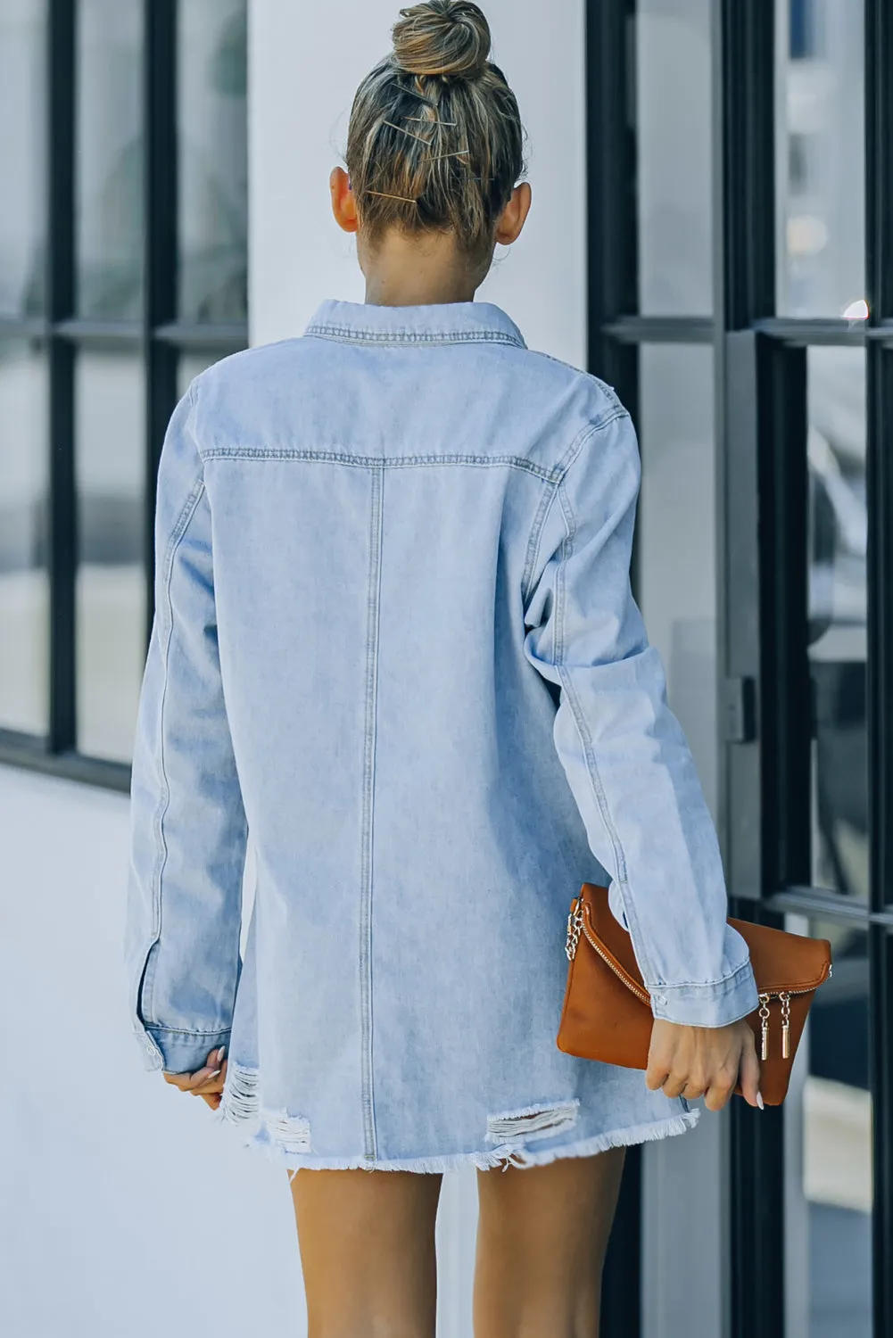 Stick With Me Distressed Snap Down Denim Shacket