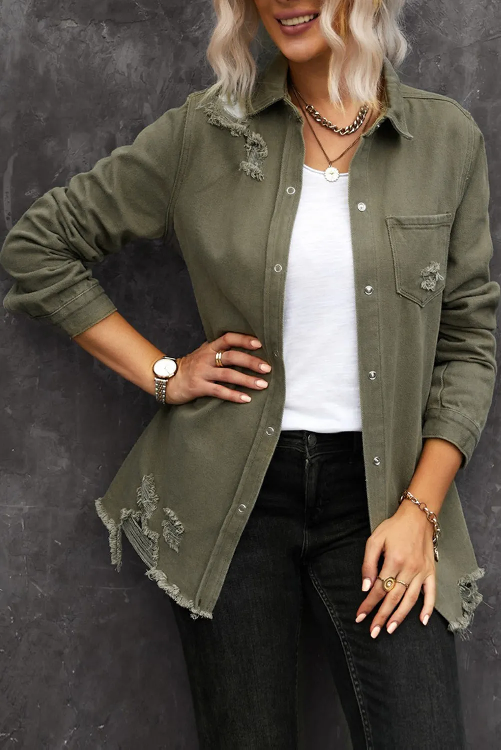 Stick With Me Distressed Snap Down Denim Shacket