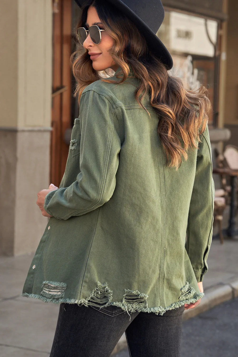 Stick With Me Distressed Snap Down Denim Shacket