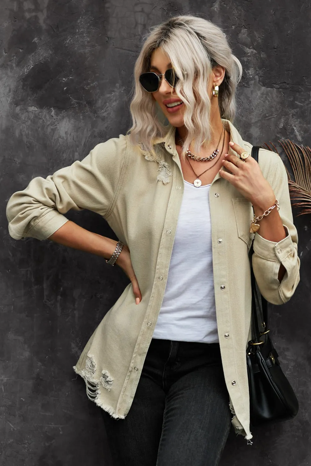 Stick With Me Distressed Snap Down Denim Shacket