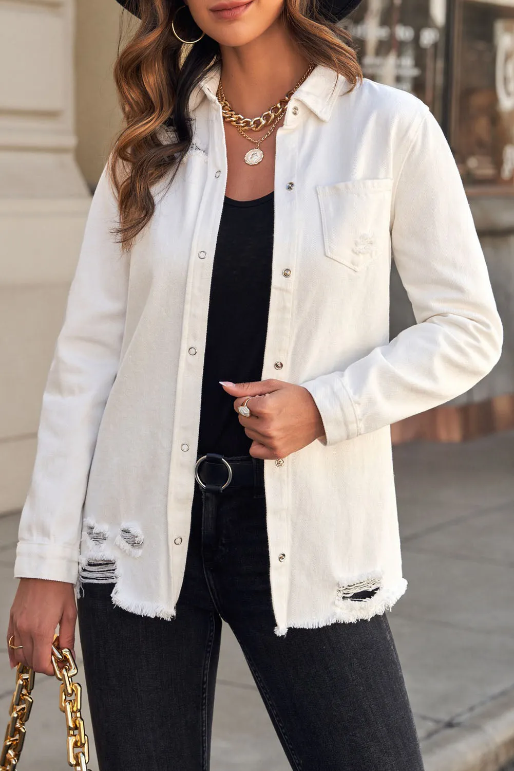 Stick With Me Distressed Snap Down Denim Shacket