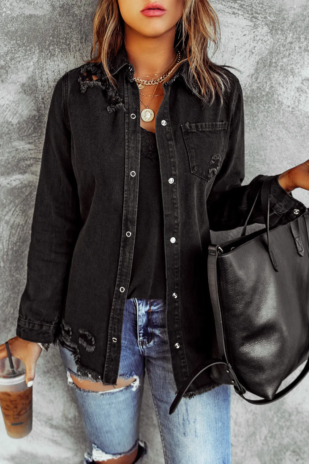Stick With Me Distressed Snap Down Denim Shacket