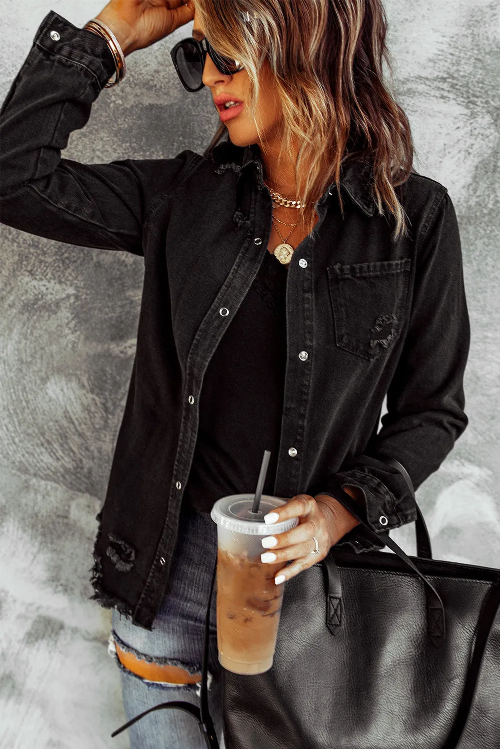 Stick With Me Distressed Snap Down Denim Shacket