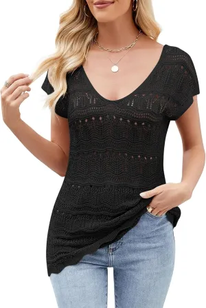 Summer Crochet Tops for Women Short Sleeve V Neck Casual Tank Top Hollow Out Shirts Sweater Vest