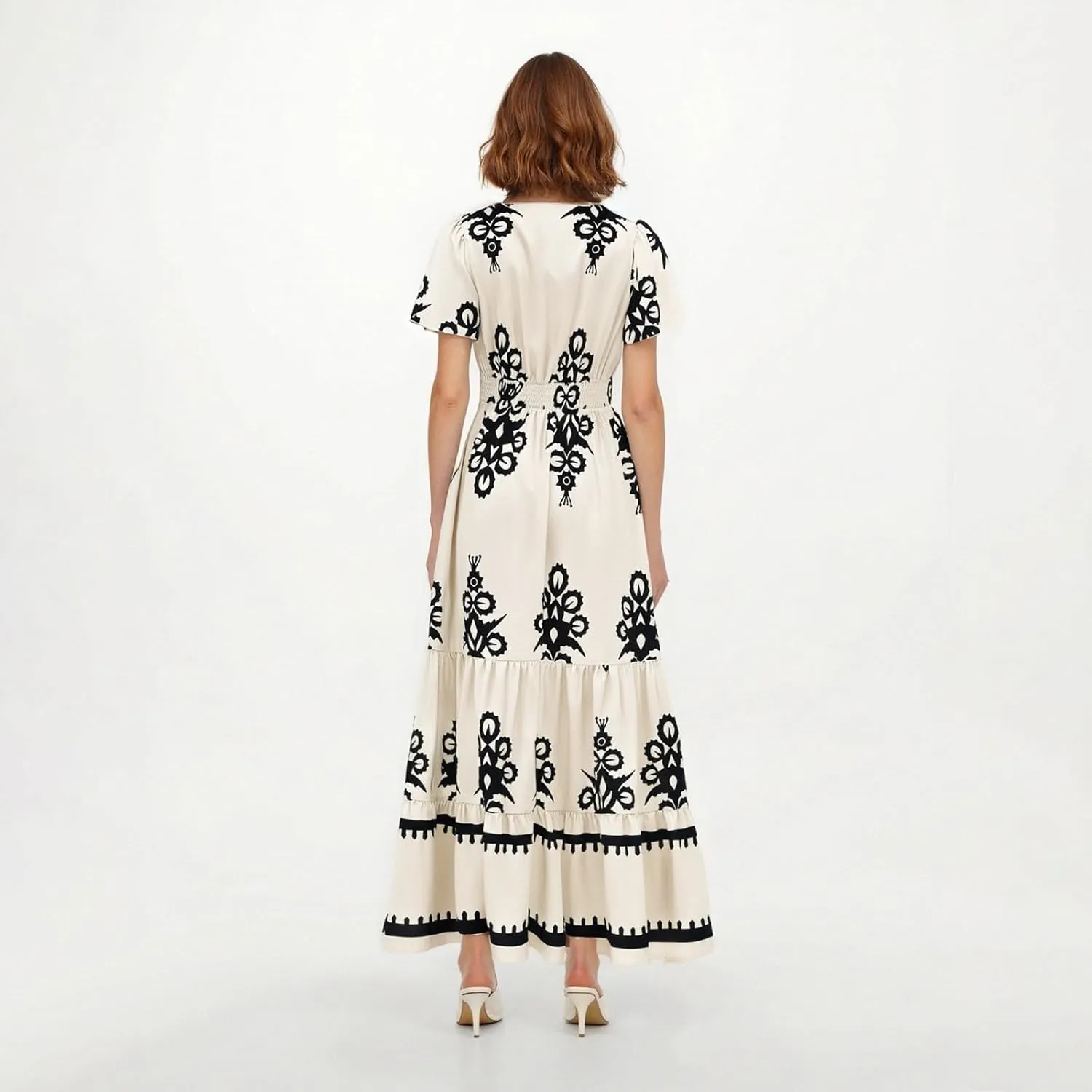 Summer Dresses for Women V Neck Short Sleeve Wrap Midi Dress Empire Waist A Line Ruffle Tiered Maxi Dress with Pockets