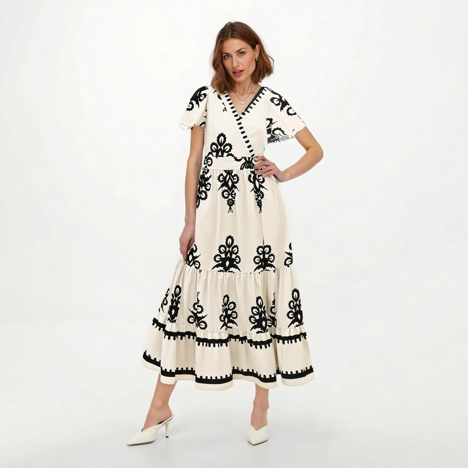Summer Dresses for Women V Neck Short Sleeve Wrap Midi Dress Empire Waist A Line Ruffle Tiered Maxi Dress with Pockets