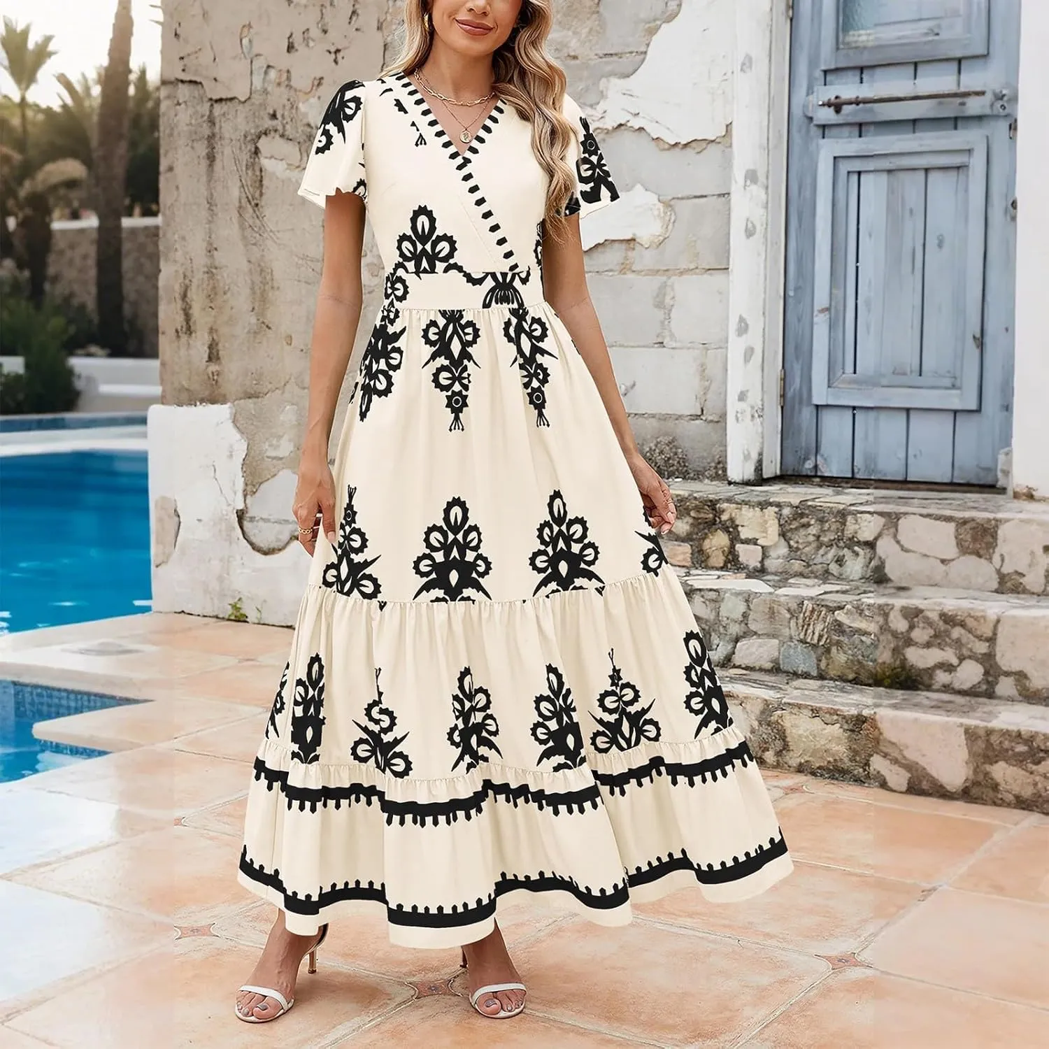 Summer Dresses for Women V Neck Short Sleeve Wrap Midi Dress Empire Waist A Line Ruffle Tiered Maxi Dress with Pockets