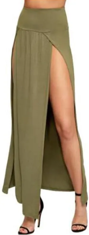 Summer Split Skirt For Women Elastic Waist Double High Split Wrap Flowy Long Skirt Solid Color Elegant Boho Dresses