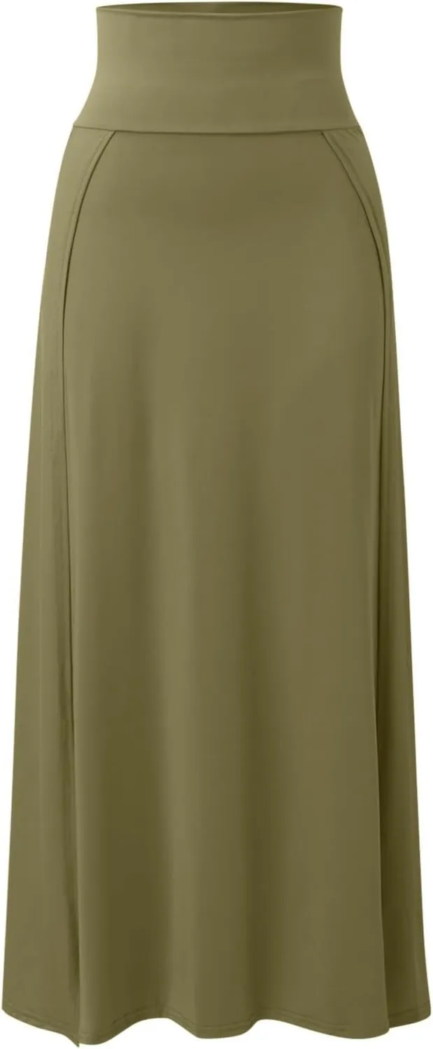 Summer Split Skirt For Women Elastic Waist Double High Split Wrap Flowy Long Skirt Solid Color Elegant Boho Dresses