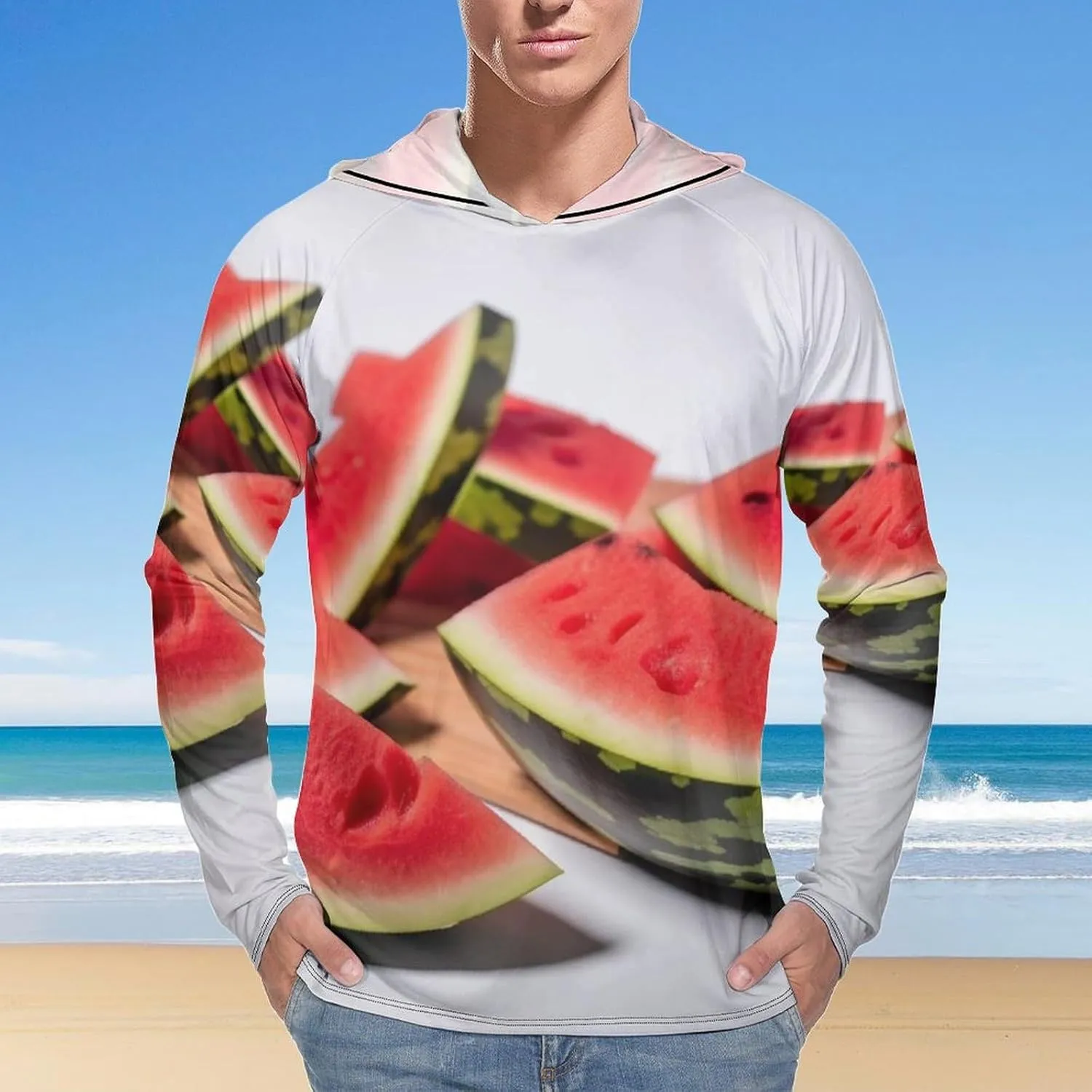 Sun Protection Shirt Long Sleeve Hoodie Slices of Watermelon Lightweight Rash Guard Quick Dry Sun Shirt for Outdoor