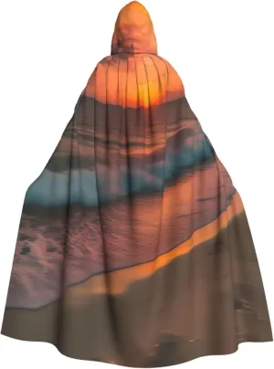 Sunset at The Beach Print Halloween Hooded Cloak Hooded Cape Adult Halloween Costume Cosplay Witch Cloak with Extra Comfort Black