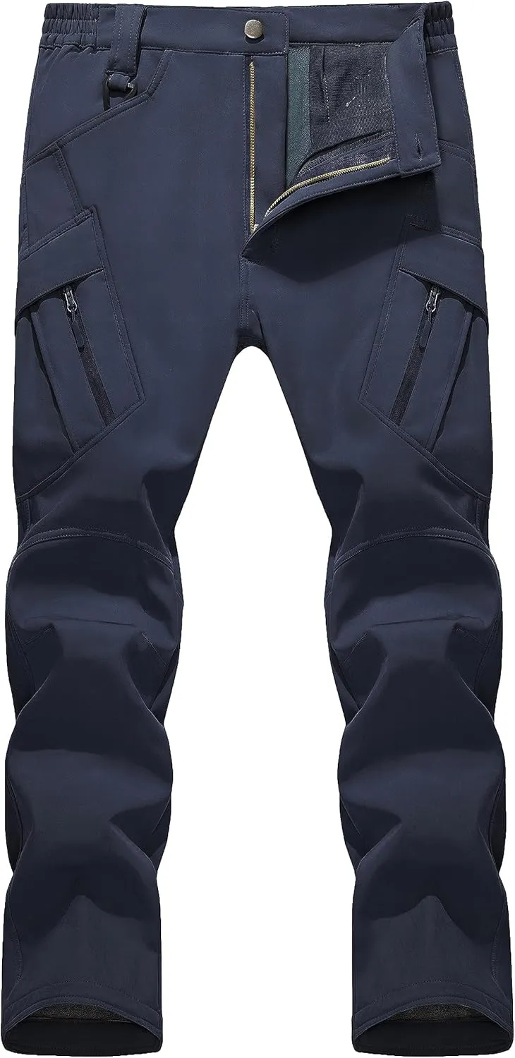 TACVASEN Men's Winter Pants 9 Pockets Fleece Snow Hiking Pants Water-Resistant Warm Softshell Thick Tactical Pants