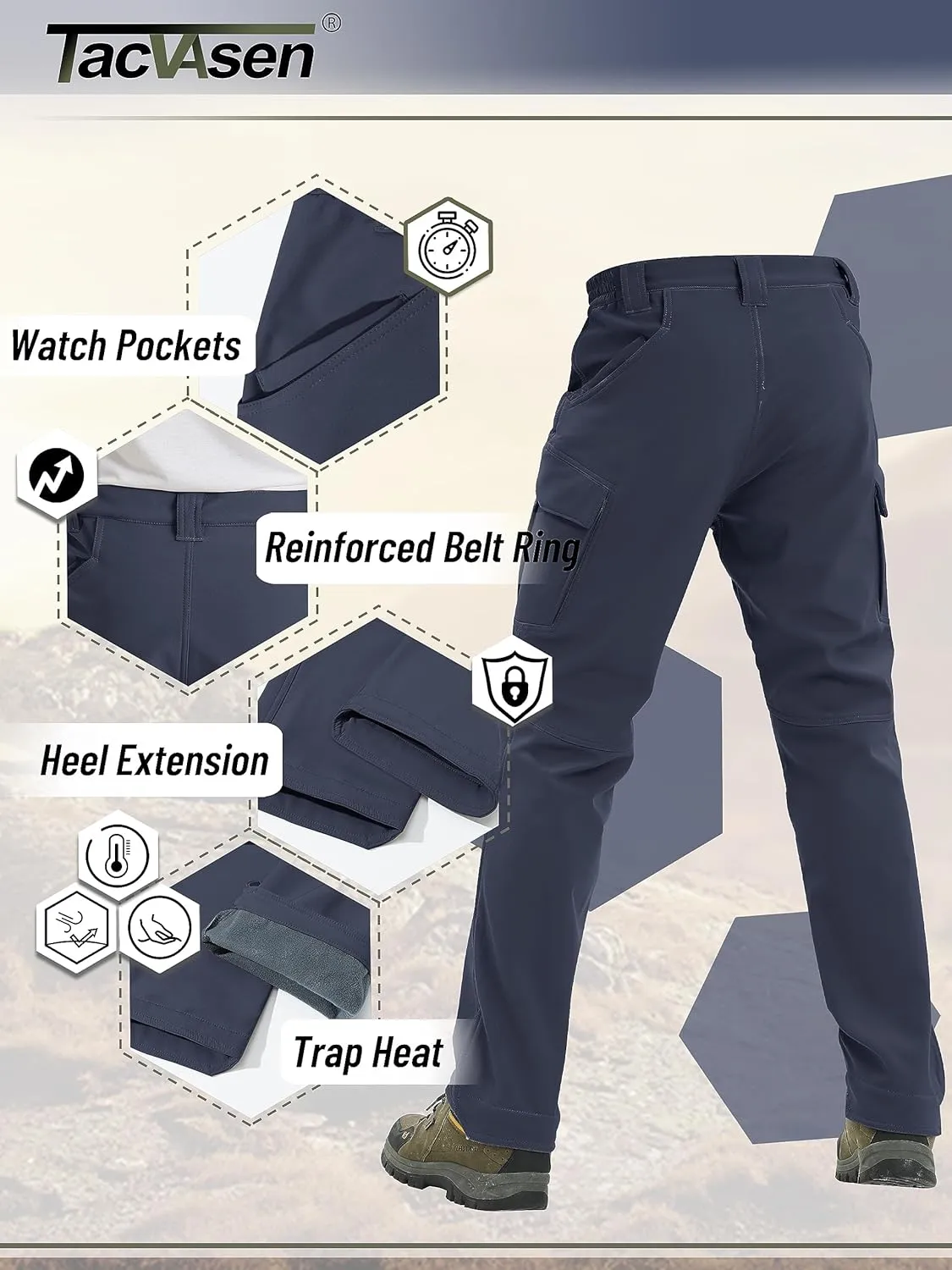 TACVASEN Men's Winter Pants 9 Pockets Fleece Snow Hiking Pants Water-Resistant Warm Softshell Thick Tactical Pants