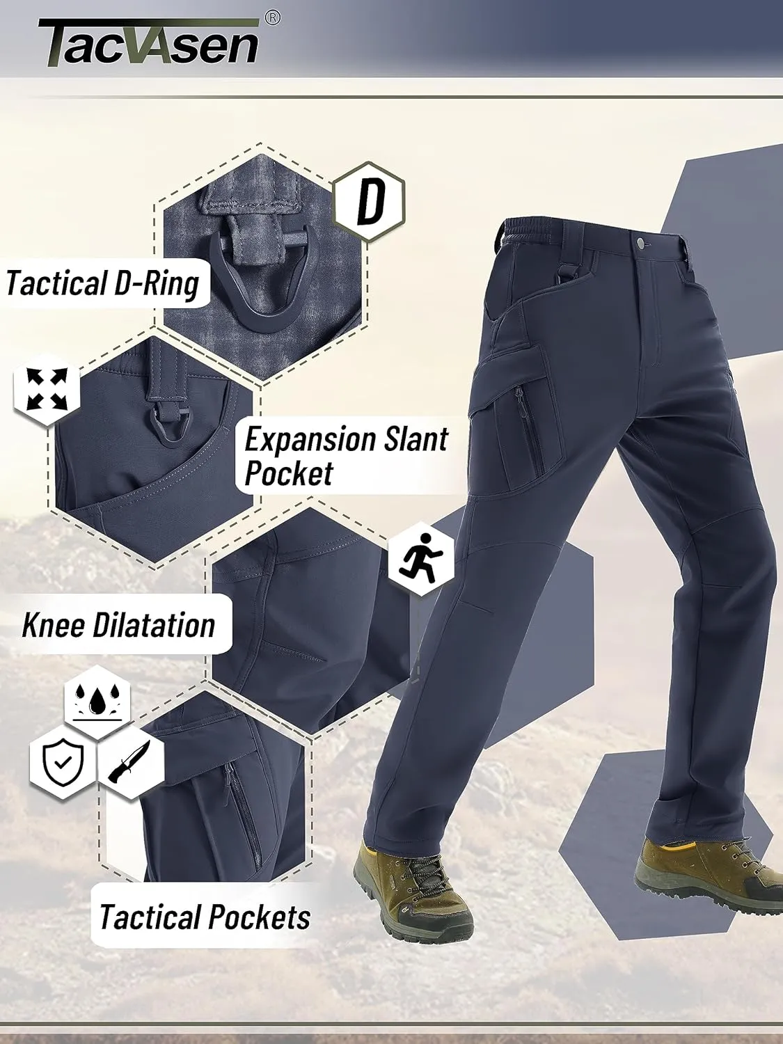TACVASEN Men's Winter Pants 9 Pockets Fleece Snow Hiking Pants Water-Resistant Warm Softshell Thick Tactical Pants