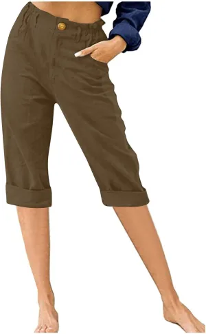 TANGNADE Women's Capris and Cropped Pants Summer Plus Size Knee Length Capri Comfy Elastic Waist Beach Trouser