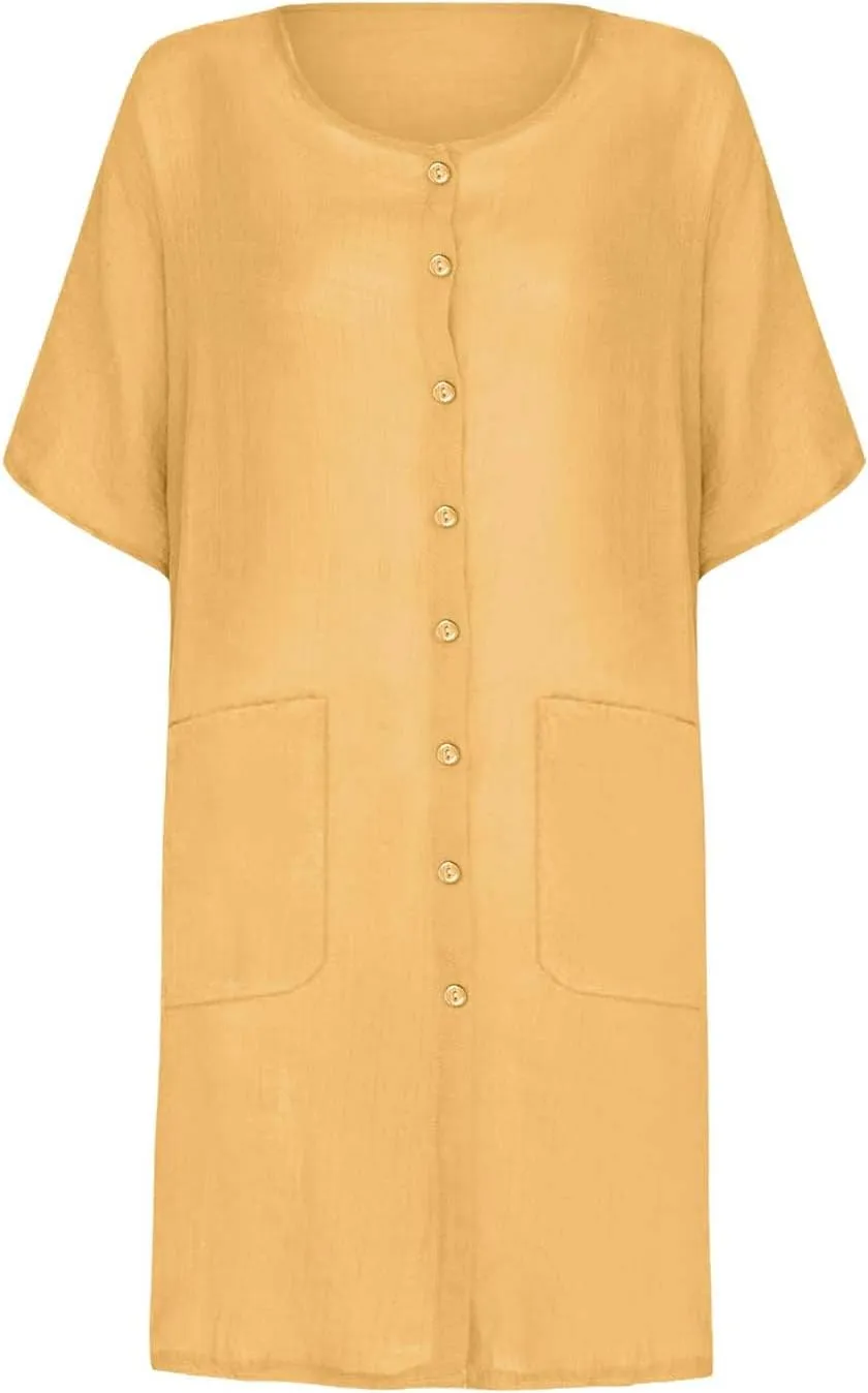 TANGNADE Womens Cotton Linen Midi Dresses Summer Casual Short Sleeve Beach Cover Up Shirts Loose Flowy Dress