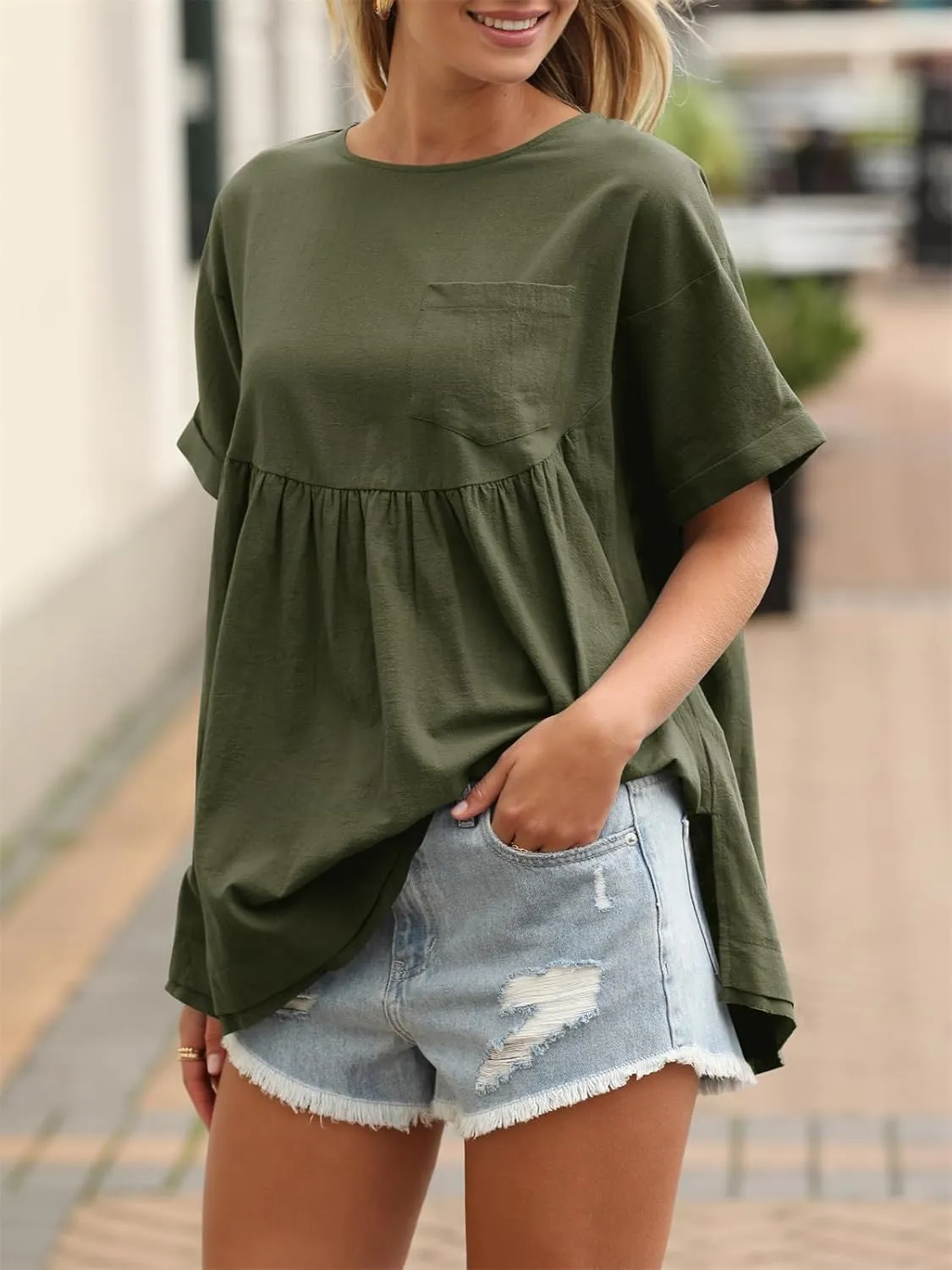 Tankaneo Womens Summer Babydoll Tops Casual Loose Fit Peplum Oversized Tunic Shirts