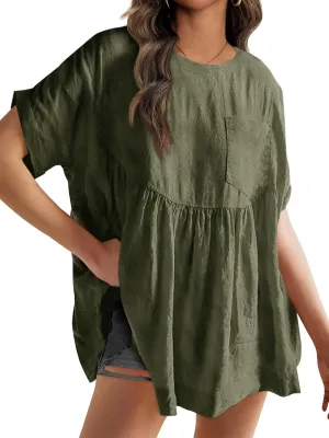 Tankaneo Womens Summer Babydoll Tops Casual Loose Fit Peplum Oversized Tunic Shirts