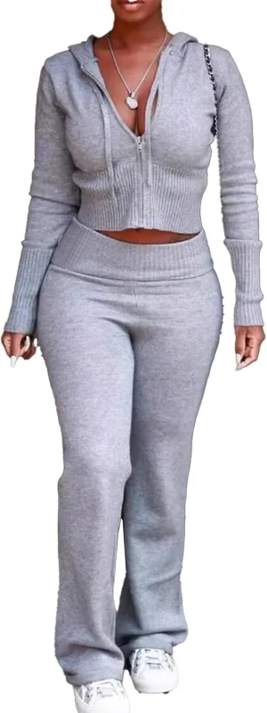 Tbahhir Women Two Piece Ribbed Knit Outfits Fall Tracksuits Long Sleeve Hoodie Jacket and Hight Waist Pants Jogger Sets