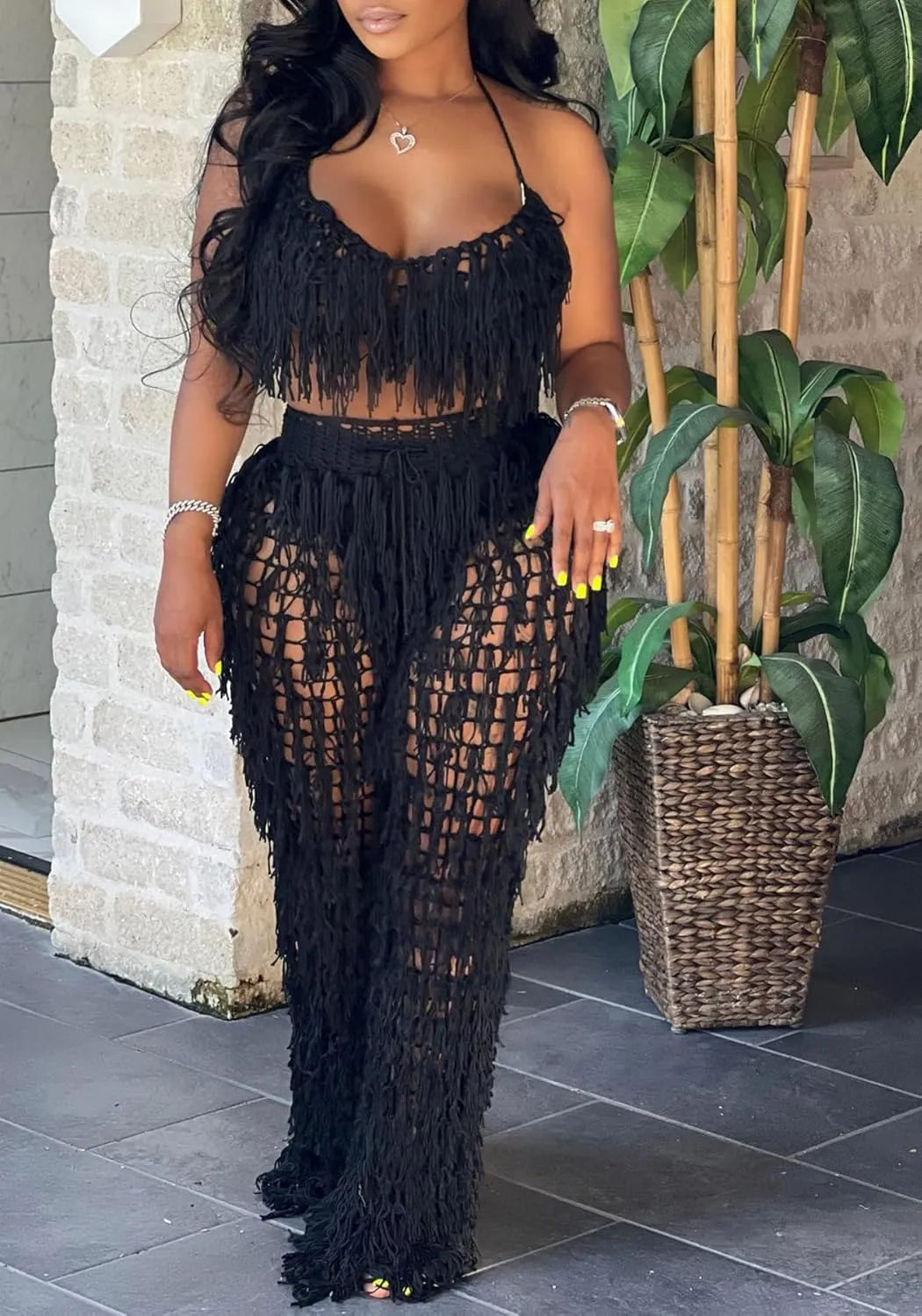 Tbahhir Women's 2 Piece Vacation Outfits Sexy Beach Suits Crochet Bikini Coverups Halter Top Pants Sets Fringe