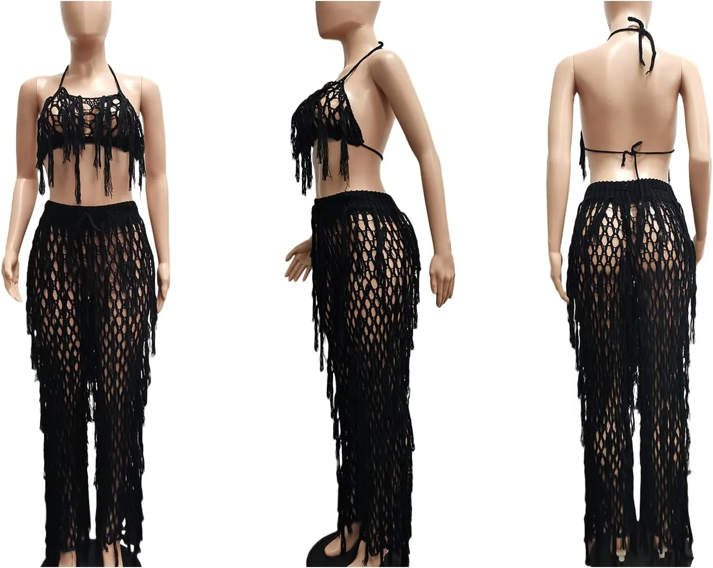 Tbahhir Women's 2 Piece Vacation Outfits Sexy Beach Suits Crochet Bikini Coverups Halter Top Pants Sets Fringe
