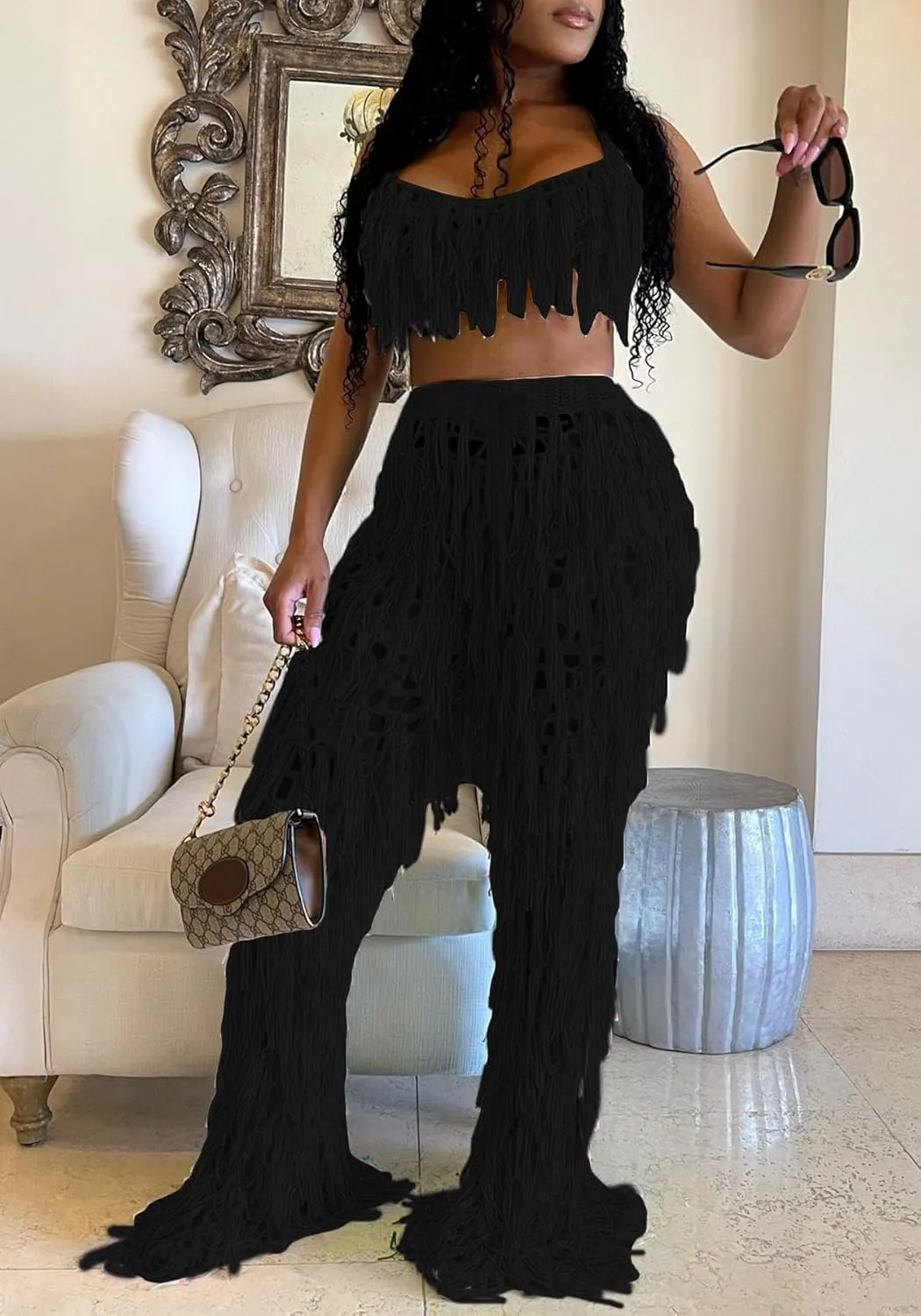 Tbahhir Women's 2 Piece Vacation Outfits Sexy Beach Suits Crochet Bikini Coverups Halter Top Pants Sets Fringe