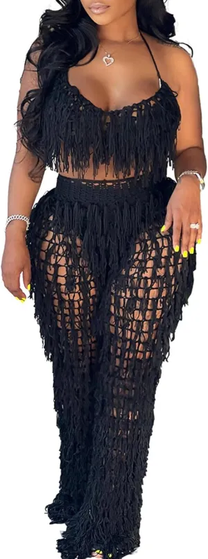 Tbahhir Women's 2 Piece Vacation Outfits Sexy Beach Suits Crochet Bikini Coverups Halter Top Pants Sets Fringe